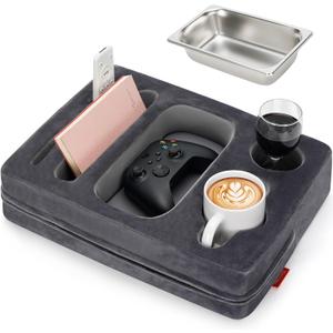 Couch Cup Holder Pillow - Sofa Cup Holder with Stainless Steel Bowl Couch Drink Caddy Remote Snacks Cozy Mug Cupholder Buddy for Bed, Car, Man Cave, Rv, Tv, Backseat (Grey) (15.5 x 11.3 inch)