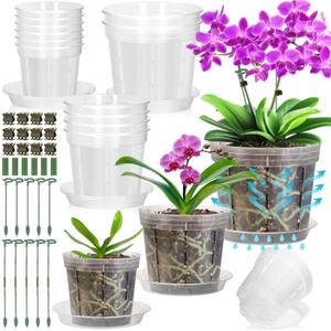 12 Pack Plastic Orchid Pots with Holes, 4, 5, 6 Inch Clear Orchid Pots for Repotting with Saucers Drainage and Plant Stakes, Large Small Breathable Orchids Planter Plant Pot