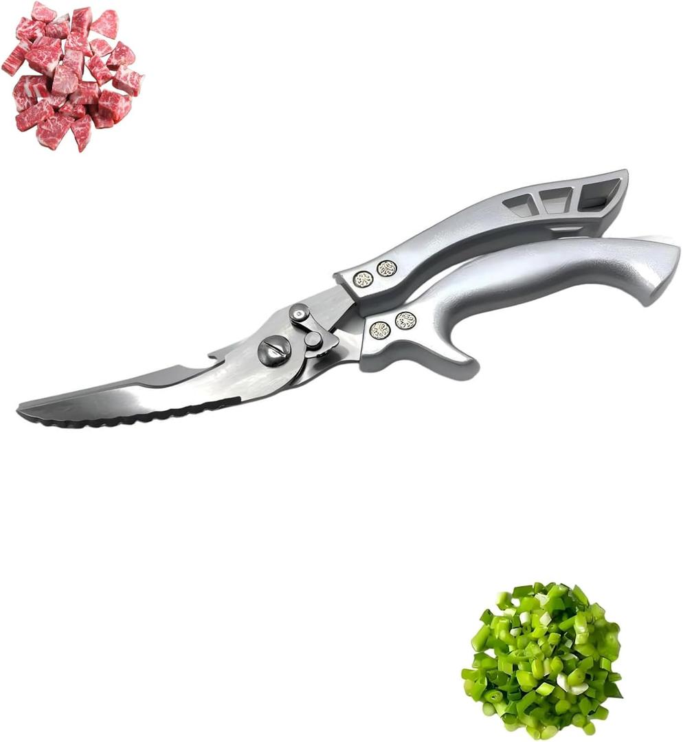 Poultry Shears - Heavy-Duty Kitchen Scissors with Fish Scaler & Bottle Opener, 2CR14 Stainless Steel, Spring Loaded, Multi-Purpose Scissors for Meat, Chicken, and Fish, Dishwasher Safe.