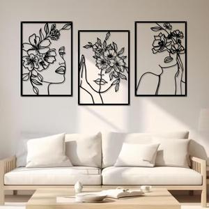DETENE 3 Pieces Black Metal Wall Decor Minimalist Abstract Metal Wall Art Modern Woman Line Art Decor Single Line Art Dcor for Living Room Bedroom Bathroom Kitchen Office(L Size 17 x 11.8'')