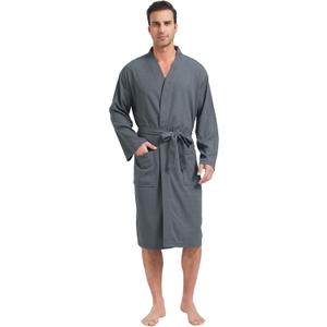 FashGudim Mens Lightweight Waffle Knit Robe Soft Kimono Spa Bathrobes Knee Length Summer Robes (Small-Medium Tall)
