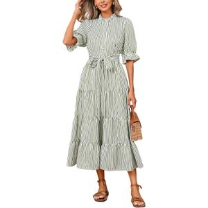 Women's Striped Stand Ruffle Collar Maxi Dress Half Sleeve Button Down Flowy Belted Beach Vacation Dress, Size XL (Green)