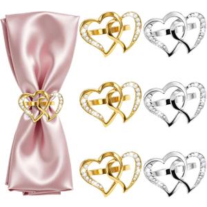 6 Pack Heart Napkin Rings, Valentine's Day Napkin Holders with Gold & Silver Double Heart Ring Clasps for Wedding, Anniversary, Romantic Dinner Table Decorations