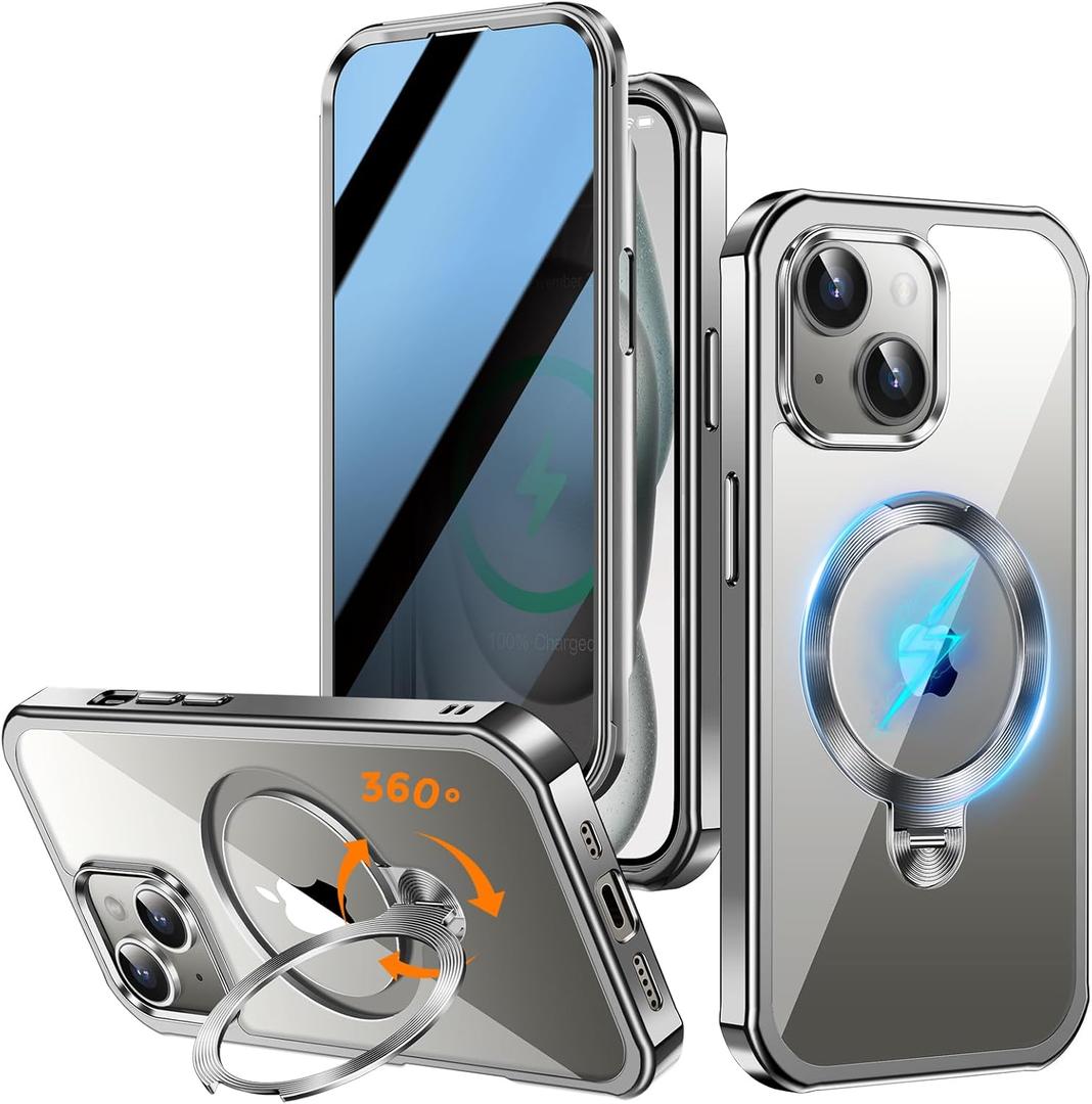 [360 Rotatable CD Stand & Built-in Privacy Screen Magnetic Case for iPhone 15 [Compatible with MagSafe & Full Signal] Mil-Grade Shockproof Full Body Anti-Spy Cover for 15-Gray (Natural Titanium)