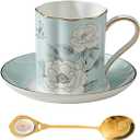 Floral Tea Cup and Saucer Set, Bone China Cup and Saucer with Spoon, Elegant Porcelain Coffee Cup with Gold Trim, Food Grade Coffee Mug for Women, Tea Party, Gifts Giving, 6.8 Oz