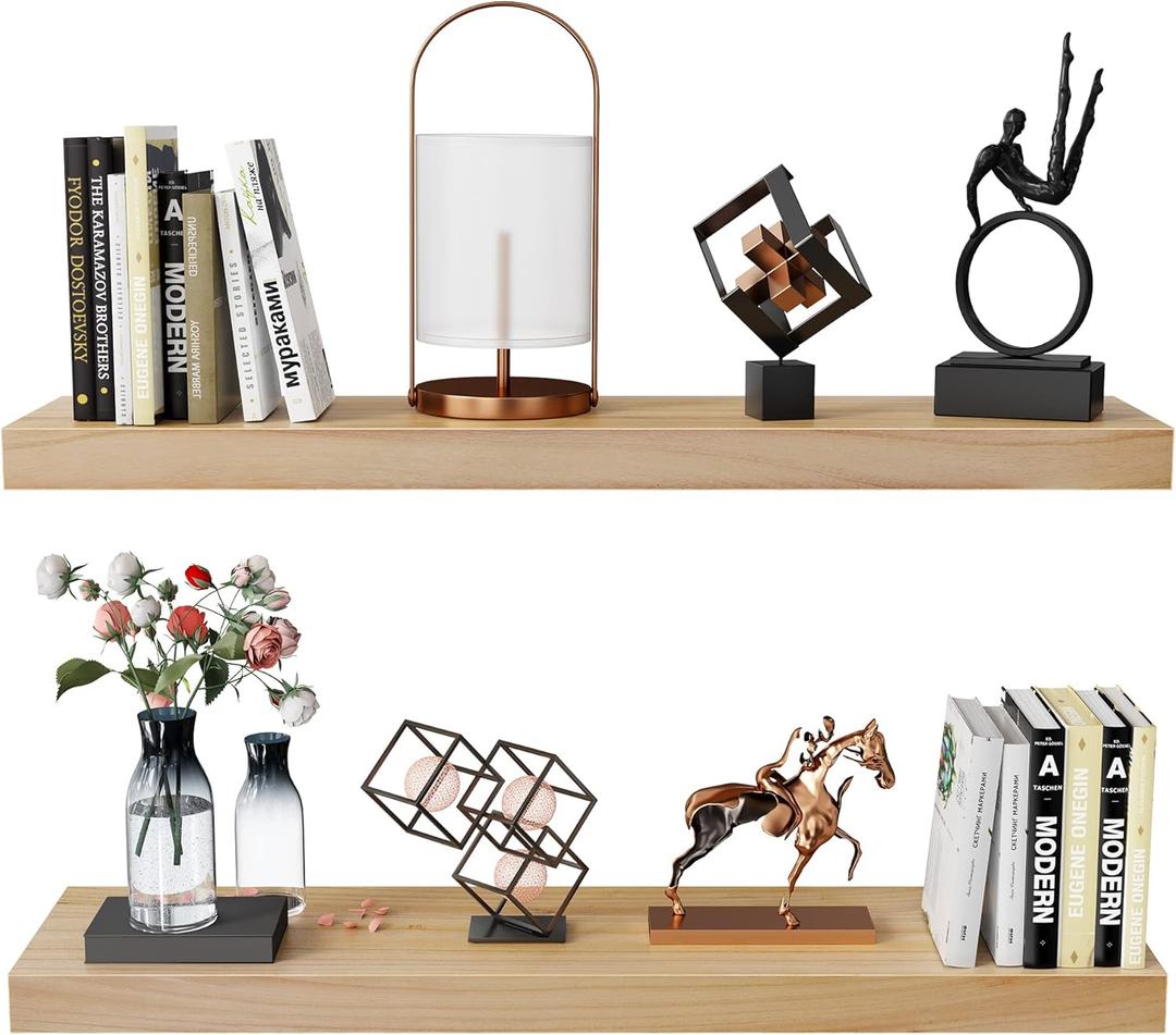 Habudda Floating Shelves for Wall, Bathroom Bedroom Kitchen Book Shelf, Rustic Wooden Home Decor Plant Display, Varnished Natural Solid Wood, Mounted Invisible Bracket, 30" Set of 2 (30"6.7"1.6")