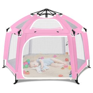 Pop Up Playpen for Baby, Portable Playpen for Babies and Toddlers with Removable Sun-Shades& 2 Side UV Covers, Lightweight Outdoor Baby Play-Pen for Beach Home with Travel Bag, Pink & Gray