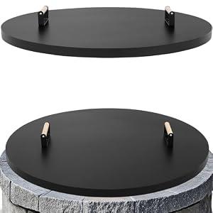 Permade Fire Pit Lid Round 36", Heat Resistant Metal Firepit Cover with 2 Wooden Handles for Round Patio Fire Pit, Compatible for Firepits Inside Dia Up to 34"