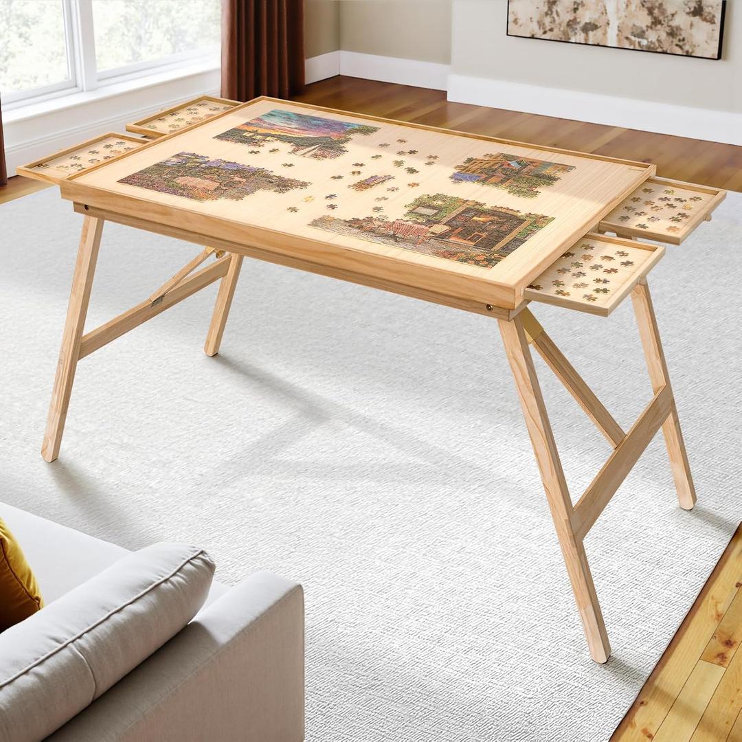 TEAKMAMA 27.6" H Tall 1500 Piece Puzzle Table with Legs, 4 Drawers, 34.3" W x 26.5" D Large Wood Folding Jigsaw Puzzle Board with Cover for Adults, Nature (Natural)