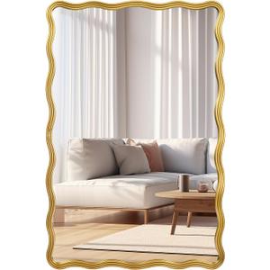 24"x36" Gold Rectangle Wavy Mirror, Irregular Shaped Mirror Large Scalloped Decorative Wall Mirror for Living Room Bathroom Bedroom Entryway (36"L x 24"W)