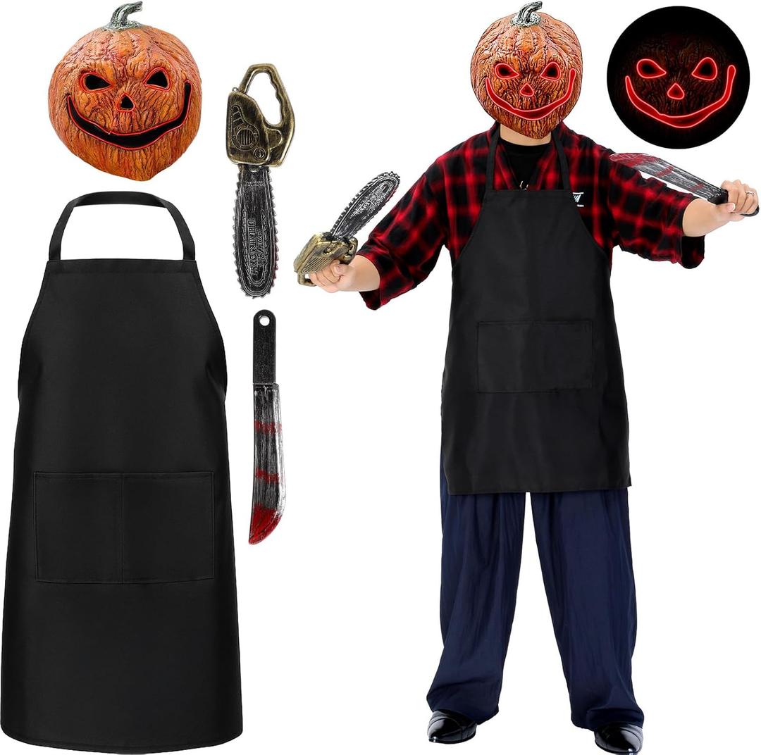 4 Pcs Halloween Butcher Costumes Set with Pumpkin Head Mask Butcher Apron Chainsaw Machete Cleaver for Cosplay