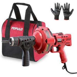 POPULO 120V Auto Feed Drain Auger,23 FT Drain Snake Suitable For 3/4"-2" Pipes For Unclogging Sinks,Shower Floor Drain and Outdoor Drain Pipe.Plumbers Snake Cleaner Include Glove,Cloth Bag