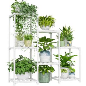 Bamworld Indoor Plant Stand Outdoor White Shelf Bamboo Plant Table for Multiple Plants 3 Tiers 7 Pots Ladder Holder Pot Window Garden Balcony Living Room