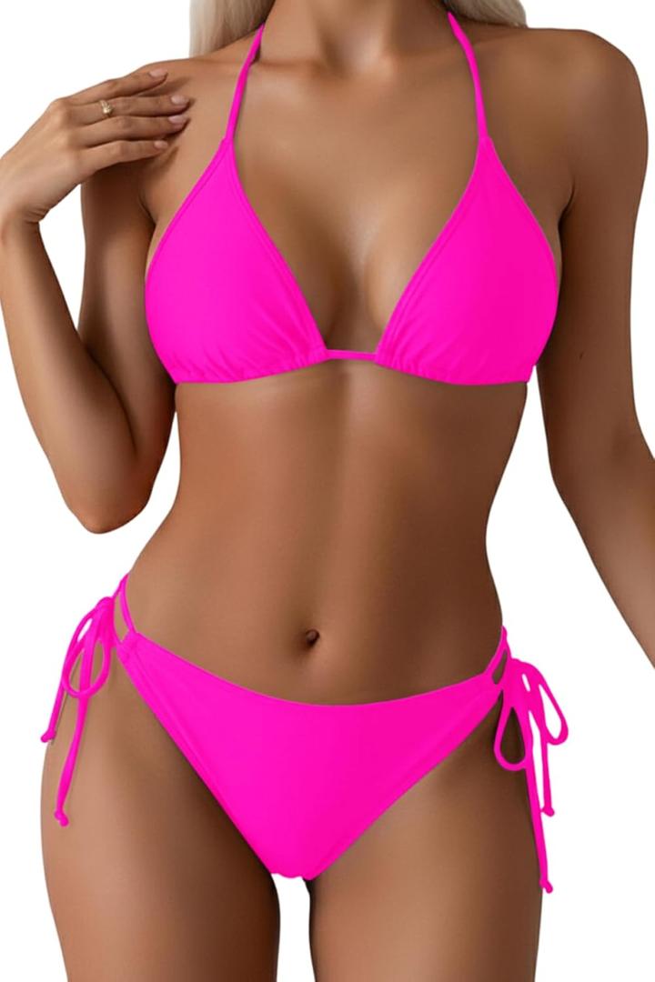 Tempt Me Women Triangle Bikini Sets Halter Two Piece Sexy Swimsuit String Tie Side Bathing Suit (Hot Pink), Medium 