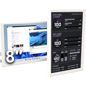 WOWNOVA 8 Inch LCD Screen Inside PC Case Screen (Desktop Mode Added), 1 Click 1 Cable to Get Started Computer Temperature Display Monitor, Sensor Panel for Inside PC Case with Screen (White)