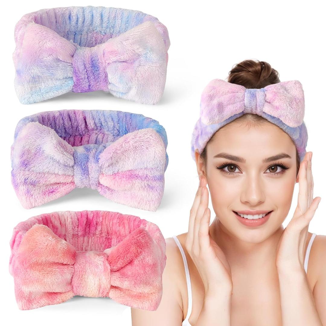 LADES Soft Skincare Headband Adjustable, Comfortable & Stretchy Fabric, Cute Patterns for Makeup, Facial Non-Slip, Headband for Hair Control (3 pack-Gradient Pink, Red, Purple)
