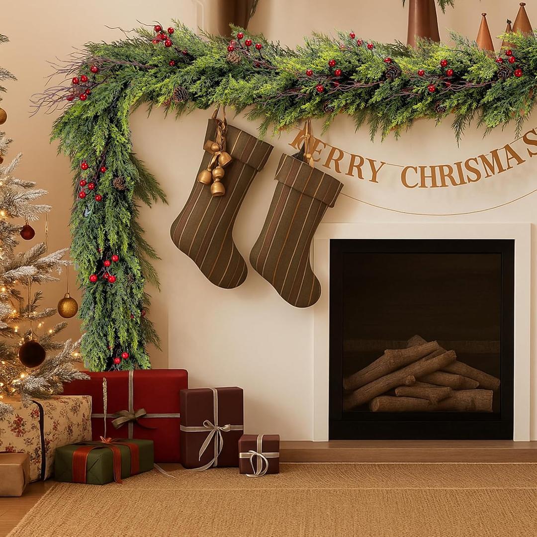 Faux Cedar Christmas Garland with Red Berries & Pine Cones  Full Faux Winter Greenery for Holiday Mantel, Staircase, Doorway, Indoor Outdoor Christmas Dcor (6FT-Lush Cedar)