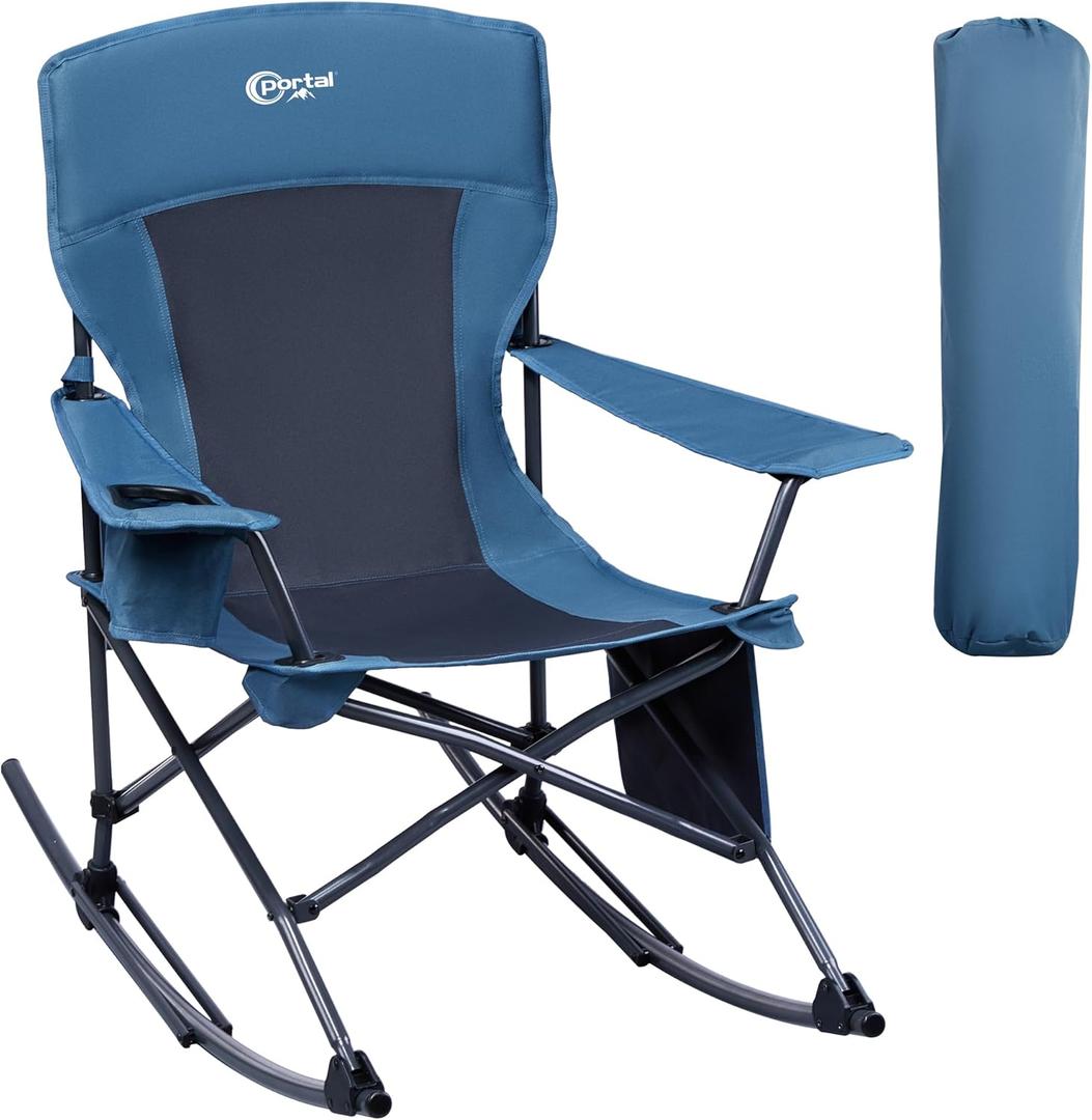 PORTAL Folding Camping Rocking Chair Portable Outdoor Rocker High Back Cup Holder Side Pocket Carry Bag Included, Support 300 lbs (Midnight Blue)