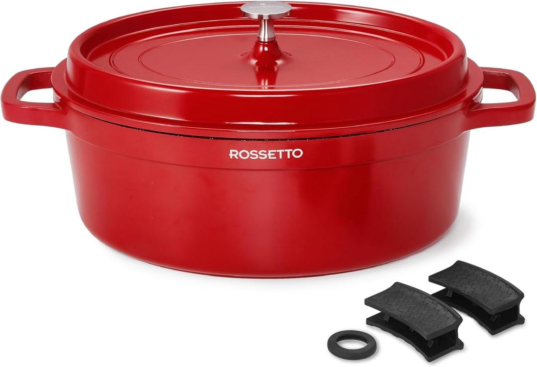 ROSSETTO 5.5QT Oval Dutch Oven Pot with Lid, Ceramic Dutch Oven with Silicone Assist Handle Holder, Dishwasher Safe, Oven Safe up to 450 F, Non-Stick & Non-Toxic Bread Dutch Oven with Lid for Baking,Brasing, Soups, Red