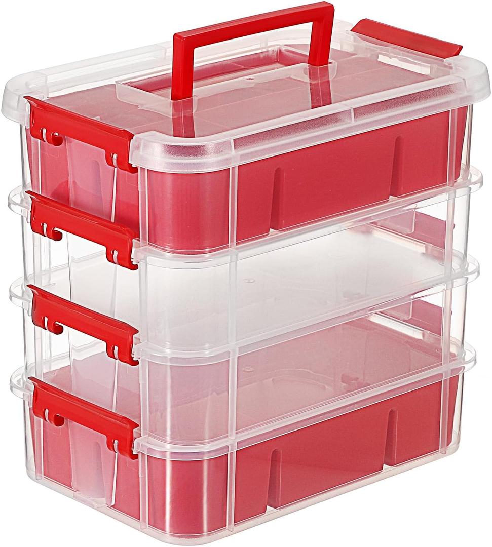 JUXYES 4-Tiers Stack Carry Storage Box With 2 Divided Tray, Transparent Stackable Storage Bin With Handle Lid Latching Storage Container for School & Office Supplies, Red