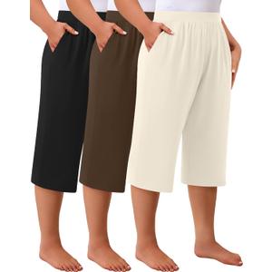 Huukeay 3 Pack Women's Plus Size Capri Pants, Cotton Wide Leg Capris Sweatpants Summer Loose Cropped Yoga Pants with Pockets (XX-Large, Black, Brown, Cream)