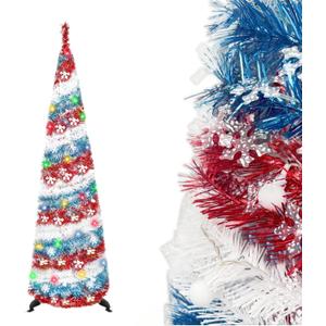 5FT Pop Up Christmas Tree with 5m Multi-Color 50 LED String LightsTinsel Christmas TreeCollapsible Artificial Pencil Tree Xmas Decoration for Home, Office, Party, Easy Assembly (Red,White,Blue)