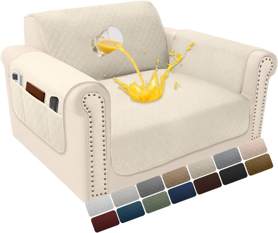 Velvet 100% Waterproof Chair Covers for Living Room Sofa Armchair Cover Washable Couch Arm Chair Slipcovers for Dogs Non Slip Quilted Furniture Protector with Pockets (Small, Beige)