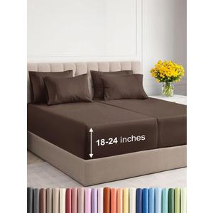 Extra Deep Split King Sheet Set - 7 Piece Breathable & Cooling Sheets - Hotel Luxury Bedding Set w/18-24 Inch Extra Deep Pockets - Easy Fit - Super Soft, Wrinkle Free & Comfy - Brown, Split King Size