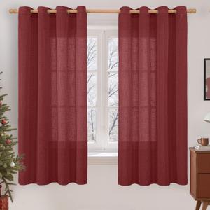 LAMIT Sheer Linen Curtains 63 Inch Length for Bedroom, Light Filtering Christmas Decor Panels Bronze Grommet Linen Textured Drapes for Living Room/Farmhouse, 2 Panels Set, 52 x 63 Inch, Burgundy Red