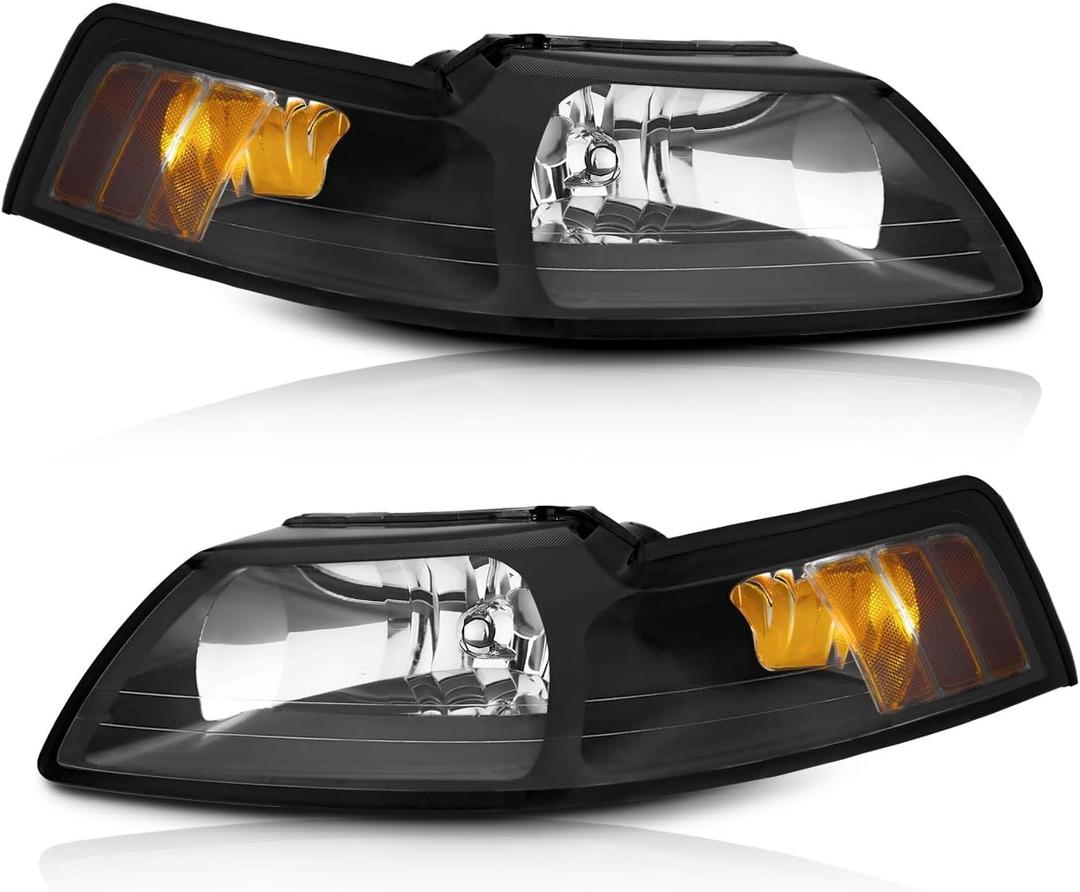 Automotive Headlight for 1999-2004 Ford Mustang Headlights Assembly Pair Headlamp Replacement for 99 00 01 02 03 04 Mustang Black Housing