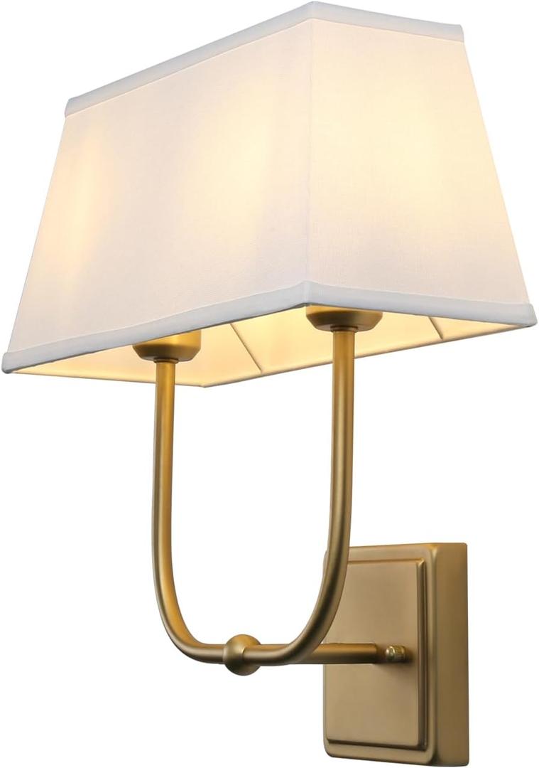 PERMO Transitional Double Sconce 2 Lights Indoor Sconce Wall Lighting with White Textile Fabric Square Shade for Bedroom Bedside Living Room (Antique Brass)