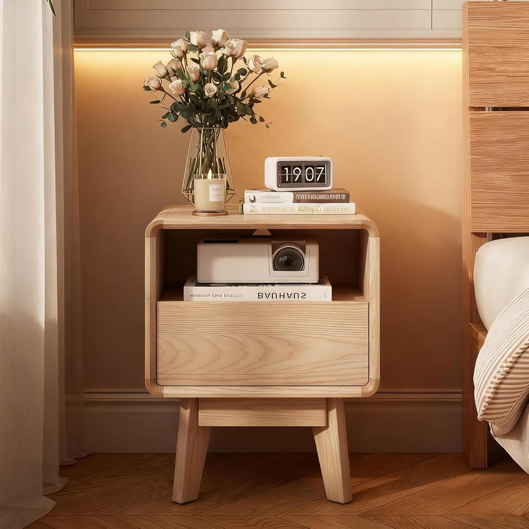 Solid Wood Nightstand, Mid-Century Modern Night Stand with Drawer & Open Shelf, Compact Bedside Tables for Bedroom, Office, Small Spaces, Light Natural Finish, Pre-Assembled