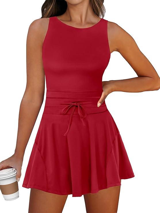 Caracilia Women's Tennis Mini Dresses 2025 Summer Sleeveless Built in Shorts Golf Athletic One Piece Active Romper Dress Red Medium