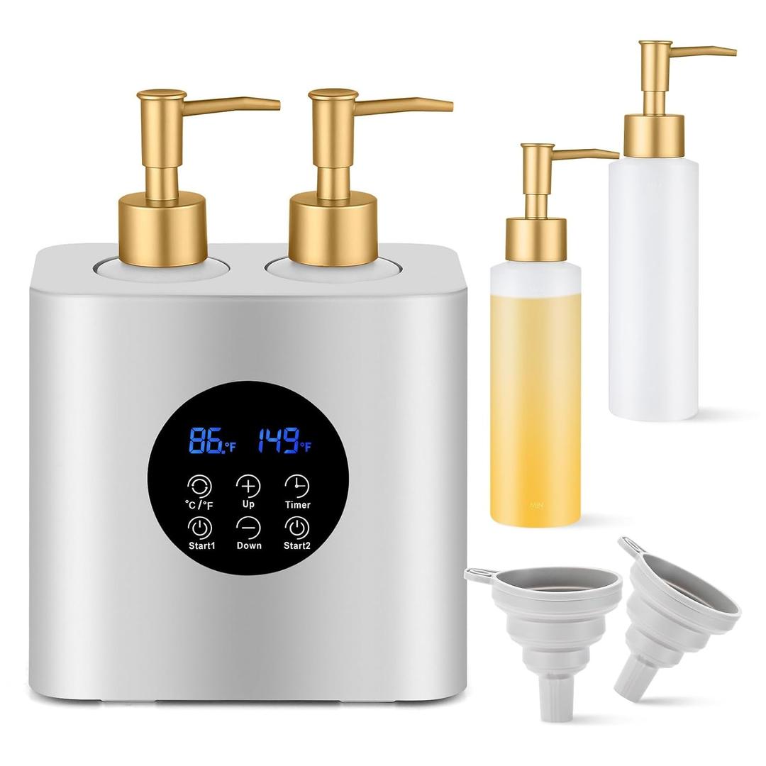 Massage Oil Warmer Heater with 4 Massage Oil Bottles and 2 Funnels,Adjustable Temp (86–149°F)&Timer (0.5–24H) Lotion Warmer,Dual Bottle Heated Oil Dispenser for Spa, Salon & Home Use(Silver)