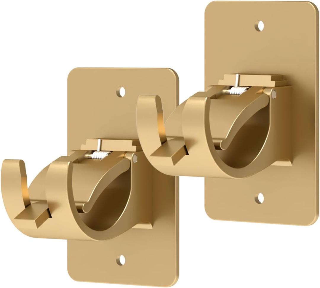 2 Pcs Gold Self Adhesive Curtain Rod Brackets, Universal Plastic & Stainless Steel, Wall Mount, 2 Pcs Gold