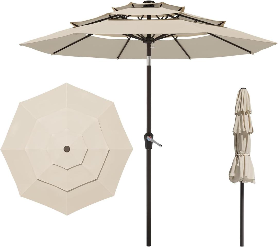 9FT 3 Tiers Patio Umbrella with Push Button Tilt/Crank, Outdoor Market Umbrella with 8 Sturdy Ribs for Garden, Lawn, Deck, Backyard and Pool (Cream-white)