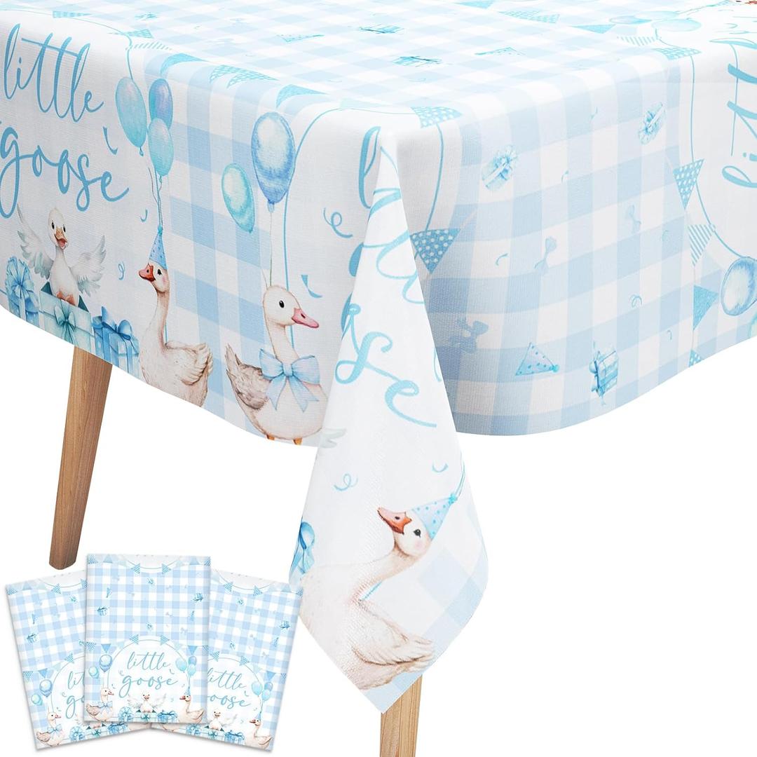 Wonmelody One Silly Goose Decor Boy 3Pcs Blue Little Goose Gingham Tablecloth One Silly Geese Gingham Table Cover Blue Checkered Tablecloths Farm Animal Geese Birthday Baby Shower for Boy