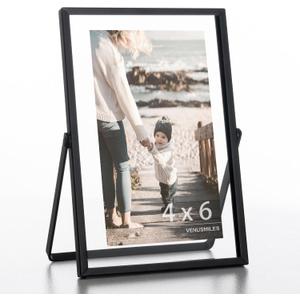 Floating Frame Floating Picture Frames, 4x6 Double Real Glass Metal Photo Frame with Pull-Out Easel Stand for Wall Vertical Tabletop Display, Home, Office, Photo Gallery, Wall Art, Wedding Decoration (Matte Black)