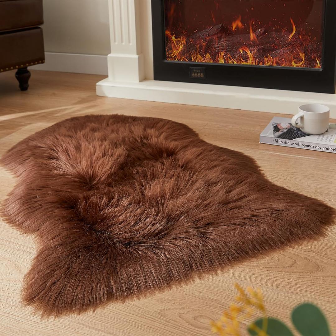 EasyJoy Ultra Soft Fluffy Shaggy Area Rug Faux Fur Rug Chair Cover Seat Pad Fuzzy Area Rug for Bedroom Floor Sofa Living Room (2 x 3 ft Sheepskin, Coffee)
