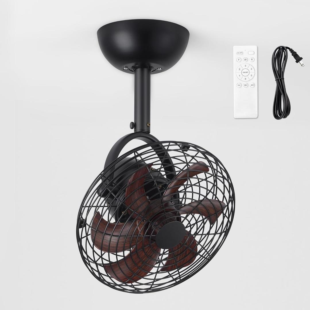 LEDIARY Wall Mount Fan with Remote 10 Inch Small Ceiling Fans with Plug in Cord, 6 Speed, Adjustable Tilt, Wall Mounted Fan Indoor Tabletop for Garage Shop Corner Gym Bedroom Office-Walnut