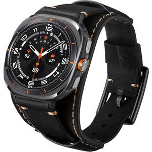 Genuine Leather Bands Compatible with Samsung Galaxy Watch Ultra 47mm Replacement Wristband, Smart Watch Bracelet Wristband Crazy Horse Cuff Adjustable Quick Release Straps for Women Men (Black)