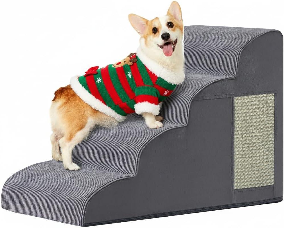 Dog Stairs for Small Dogs, 4-Step Dog Ramp for Bed 19.7" H, Dogs Steps for Bed, Couch, Pet Stairs with Non-Slip Bottom Design, Cat Scratching, High Density Foam Portable Pet Steps, Indoor, Grey
