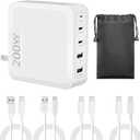 200W USB C Fast Charger, 4-Port Power Adapter for MacBook Pro/Air, iPad Pro, iPhone, Samsung Galaxy and All Type-C/Lightning/Android Device, Include 4 Charge Cable