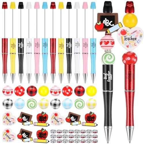 Geyee 12 Set Plastic Beadable Pens Assorted Bead Pens Crystal Wood Round Spacer Set Black Ink DIY Ballpoint for Women Men Gift Office Supplies(Teacher)