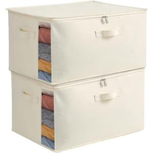 2 Pack Large Canvas Comforter Storage Bags Closet Organizer for Clothes Sweater Clothes Organizer with Dual Zipper Three Carrying Hand (Natural color)