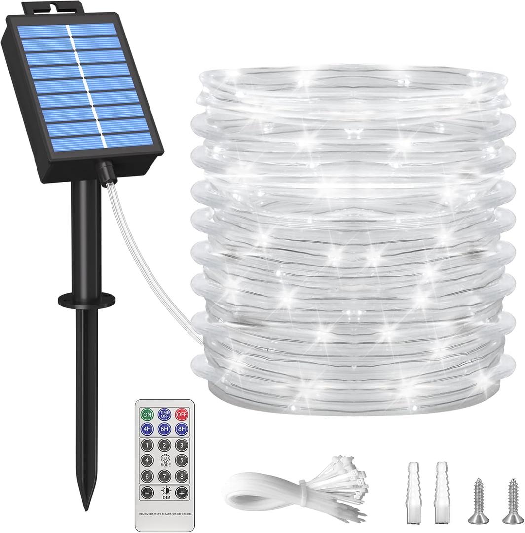 ICRGB Solar Rope Lights, Outdoor 39FT 100LED String Lights, IP67 Waterproof Solar Outdoor Lights, 8 Modes, Garden Christmas Lights Decorative for Pool Patio Porch Tree Party Wedding Christmas (White)