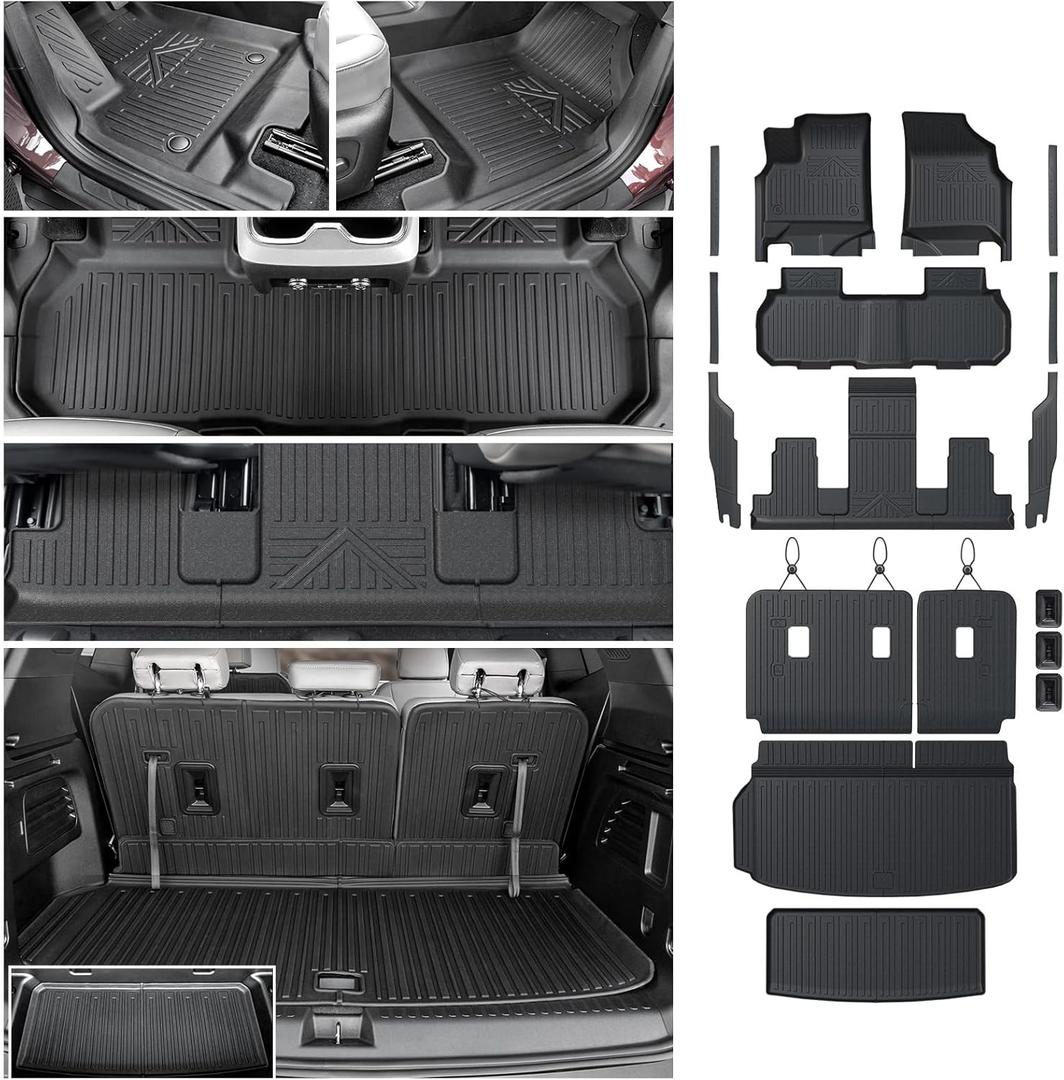 Floor Mats Cargo Mat Set for 2024 2025 GMC Acadia 7 Seats Car Accessories, All-Weather TPE Trunk Mat Cargo Liner Seat Back Covers Door Sill Guards