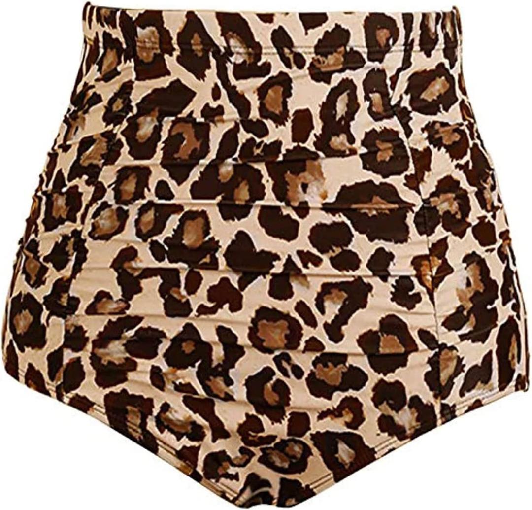 Tempt Me Women's High Waisted Swimsuit Bottom Leopard Tummy Control Ruched Bikini Bottom Vintage Swim Shorts Tankini Briefs, M