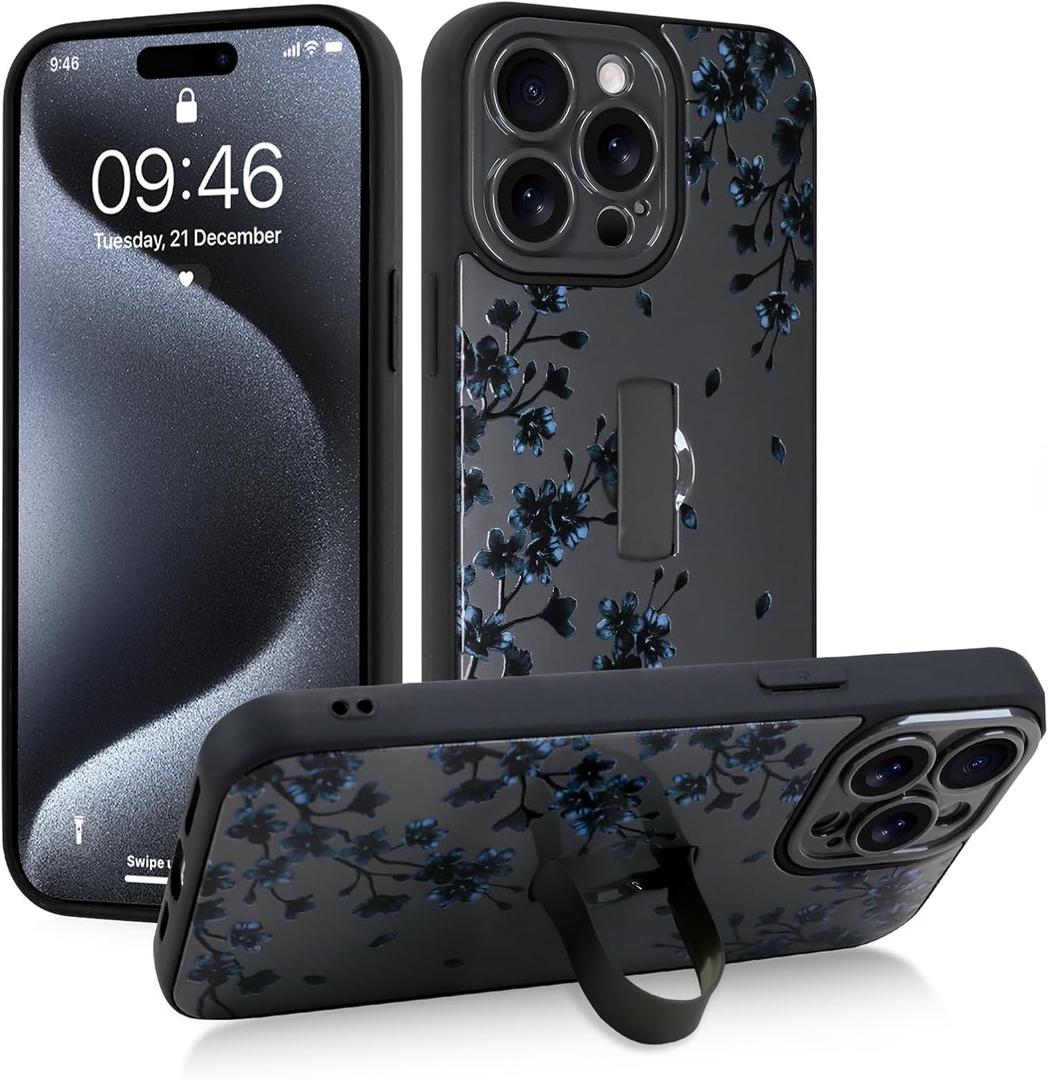 Gukalong Phone Case for iPhone 15 Pro 6.1 Inch Black Floral Flowers Cherry Blossom Slim Phone Cover with Strap Stand Heavy Duty Shockproof Protective Anti-Scratch Kickstand Case for Women