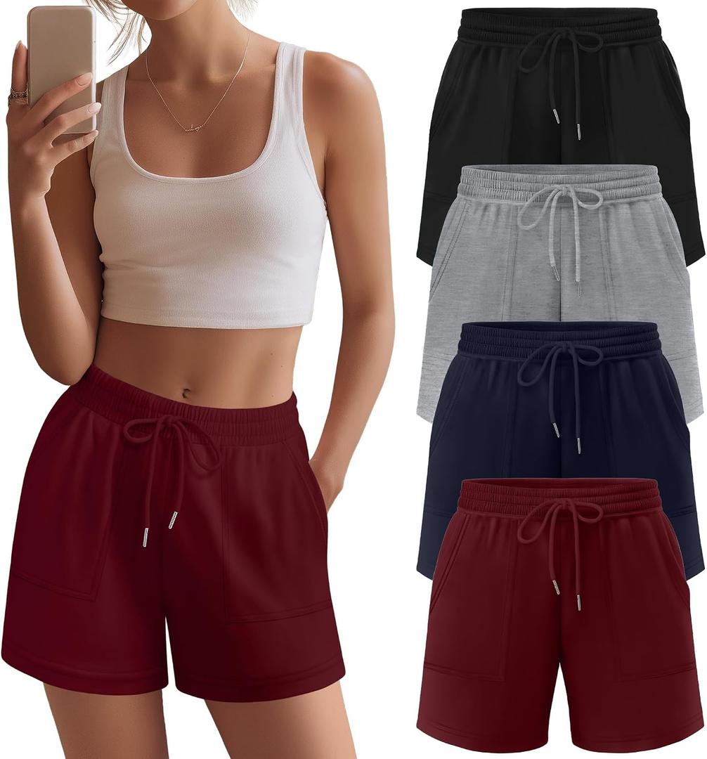 Neer 4 Pack Womens Sweat Shorts High Waist Athletic Shorts Summer Loose Elastic Drawstring Short Sweatpants with Pocket (M)